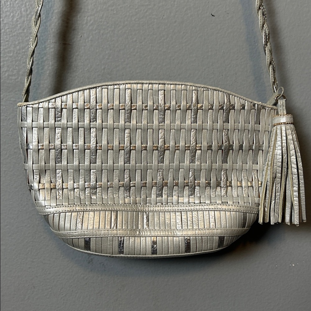 Vintage Metallic gray Sharif Silver Textured woven Crossbody Bag small